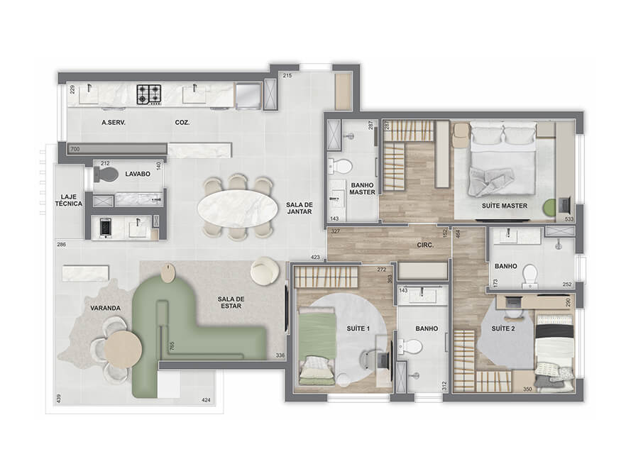 Apartamento decorado Tipo 3 suites 11462 a 11464m²